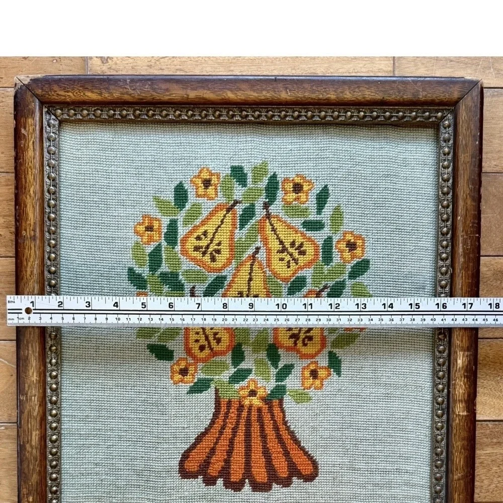 VTG 70s Needlepoint Embroidery Pear Tree Wood Frame Cottage Boho Country 18x17